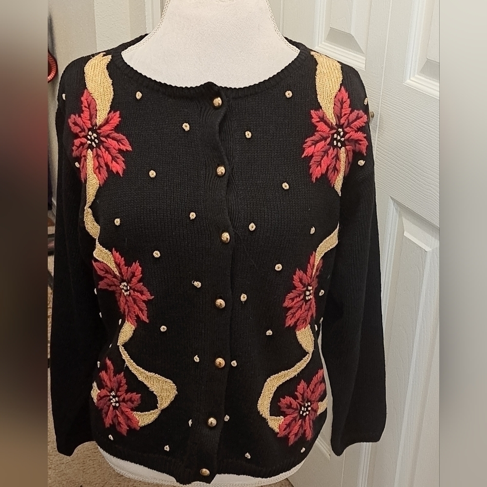 Holiday Poinsettia Button Up Cardigan Size M